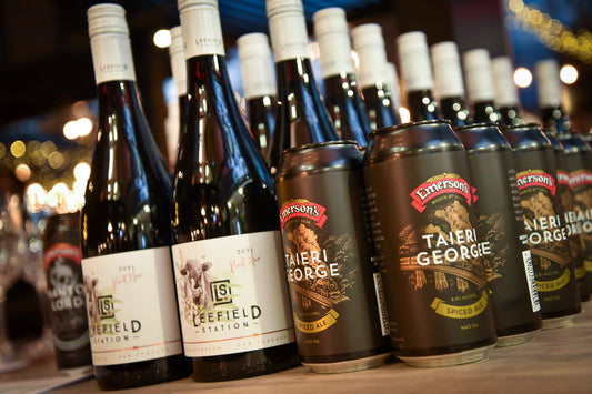 Leefield Station wine and Emerson’s beer pairings at the Outstanding Food Producer Awards 2024 Grape vs. Grain Dinner in Dunedin.
