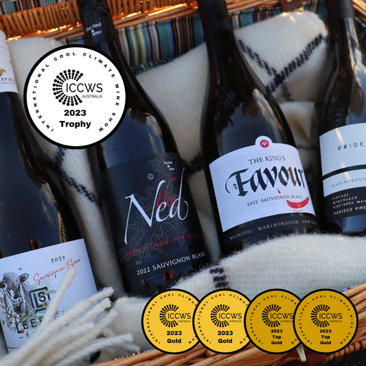 Award Winning Sauvignon Blanc Wine bottles, in basket, with gold medal badges