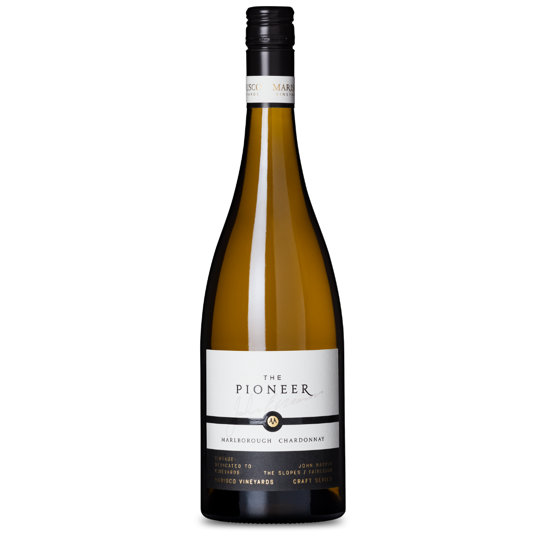 A bottle of The Craft Series THE PIONEER CHARDONNAY 2022, aged in French oak, features a distinct dark label and screw cap. The light amber bottle showcases its award-winning white wine and is elegantly presented on a white background.