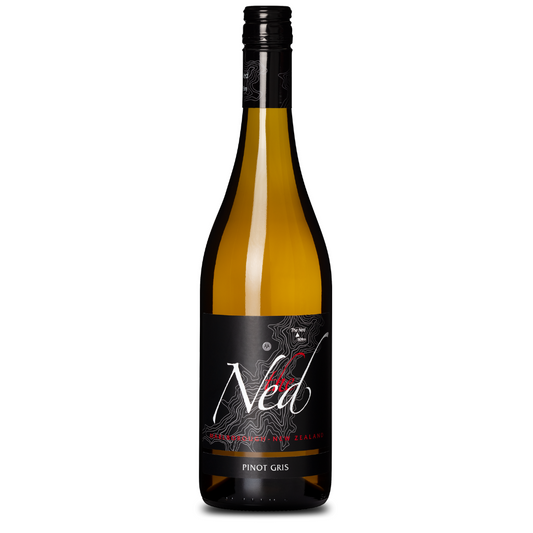 The Ned Pinot Gris 2023, with its black label and white/red lettering, embodies Marlboroughs fresh expressiveness. The bottles screw top and partially transparent glass reveal the wines pale yellow hue inside.