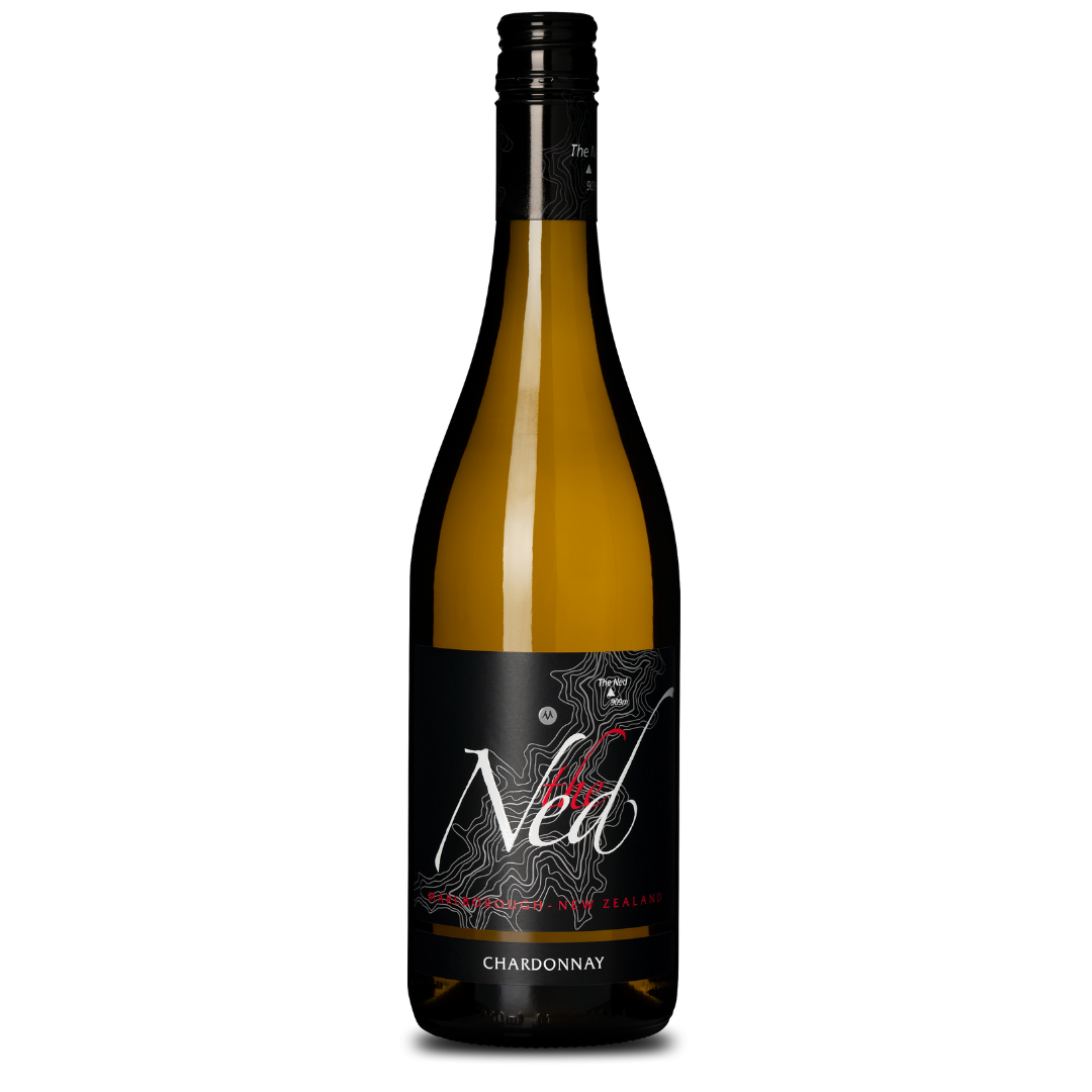 The Ned Chardonnay 2023 features a dark label with white and red text over a geographic design. This New Zealand wine is fruit-forward with French oak spice notes, elegantly sealed with a screw cap.