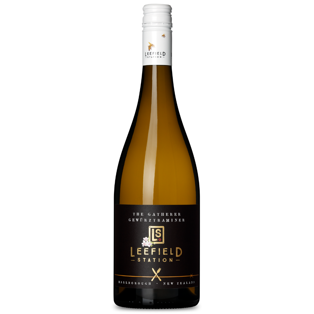 A bottle of LEEFIELD STATION THE GATHERER GEWÜRZTRAMINER 2022 from Marlboroughs Waihopai Valley is displayed against a white background, featuring a black label with gold and white text showcasing the Leefield Station logo and name.