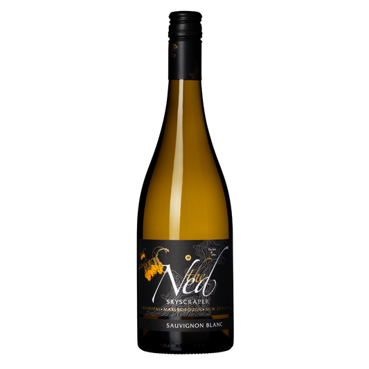 A bottle of THE NED SKYSCRAPER SAUVIGNON BLANC 2023, showcasing a sleek black label adorned with elegant gold accents, is set against a plain white background. This exquisite wine from Waihopai Valley is completed with a dark screw cap.