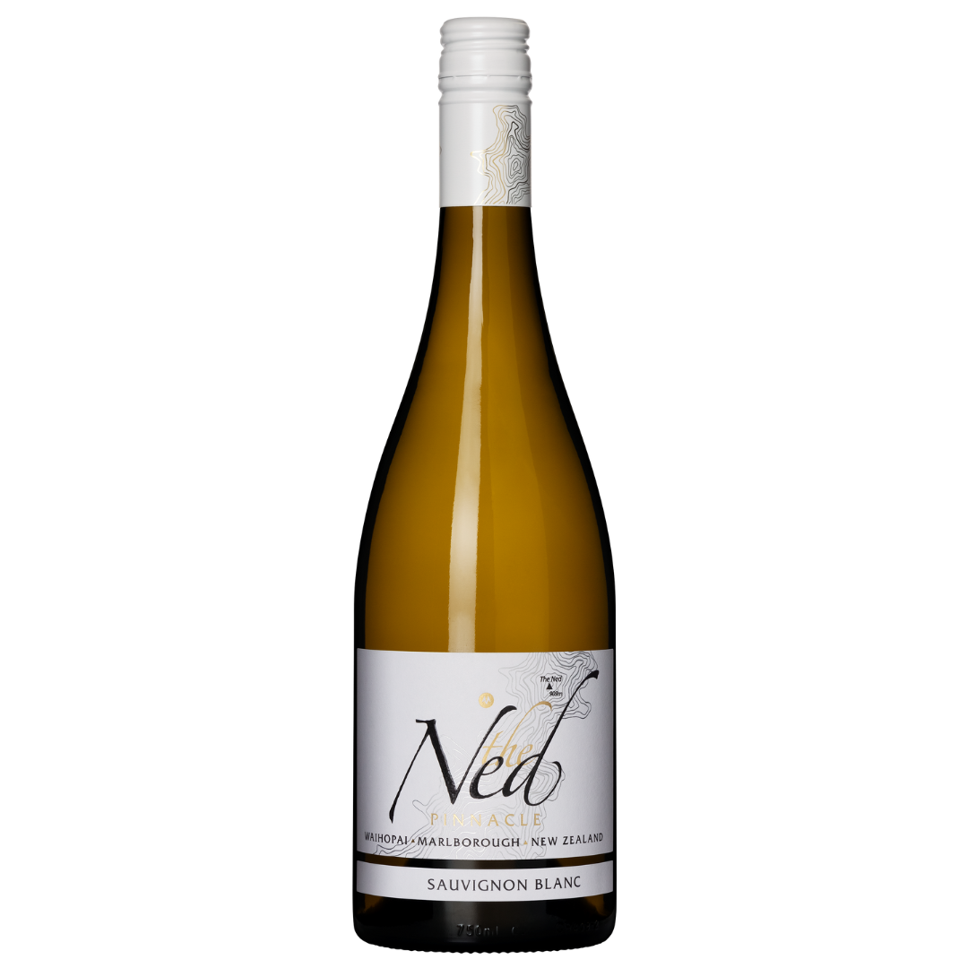 A bottle of The Ned Pinnacle Sauvignon Blanc 2023 from Marlborough, New Zealand, crafted in the renowned Waihopai Valley. The label is white with the wine name in elegant script, featuring a minimalist design.