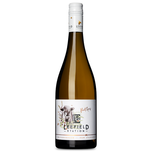 A bottle of LEEFIELD STATION PINOT GRIS 2023 wine, from the Leefield Station brand, features a white label showcasing a cow illustration and the LS logo, along with text that indicates it's from Marlborough, New Zealand. Enjoy its notes of white peaches and honeysuckle. The bottle is topped with a white screw cap.