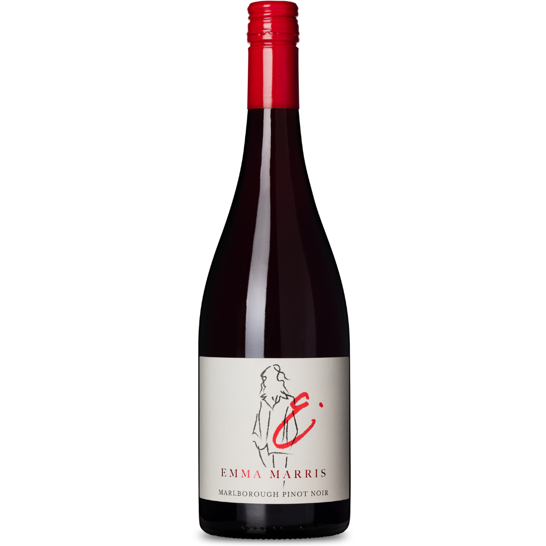 A bottle of EMMA MARRIS PINOT NOIR 2022 with a red cap. The label features a stylized red E and an outline of a woman's figure, perfectly complementing the exquisite red berry notes within.