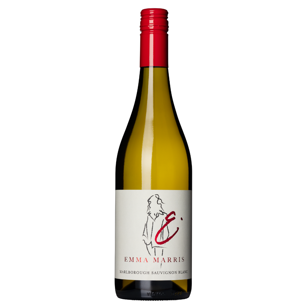 The EMMA MARRIS SAUVIGNON BLANC 2023 features a white label with a red E script and stylized illustration, offering vibrant aromas and a mineral-driven finish, topped with a red screw cap.