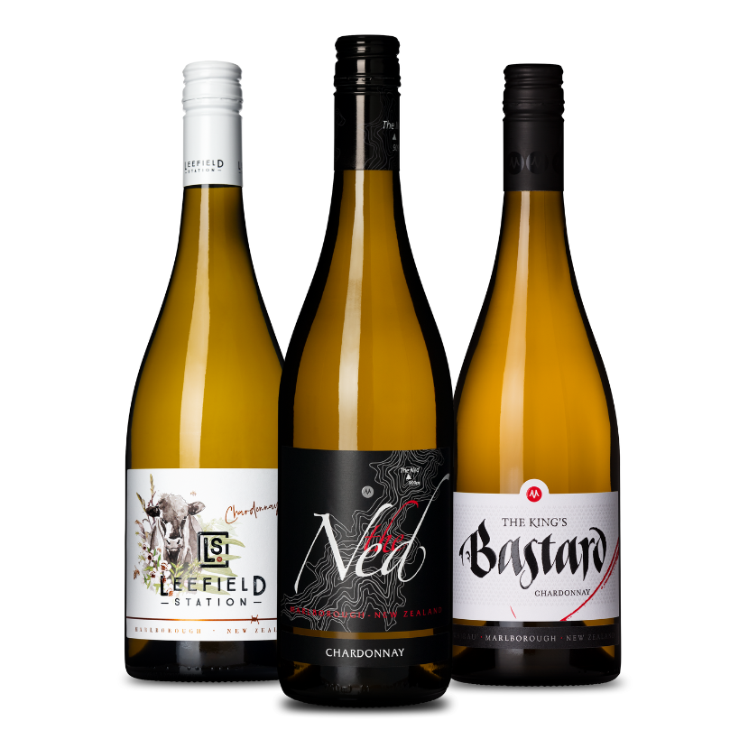 Introducing Marisco's Trio Chardonnay Box from the esteemed Marisco Family Vineyards. This enticing collection features three uniquely labeled Chardonnay bottles, arranged from left to right: Leefield Station, The Ned, and The Kings Bastard. Each bottle hails from the renowned Marlborough region, guaranteeing a delightful tasting journey.