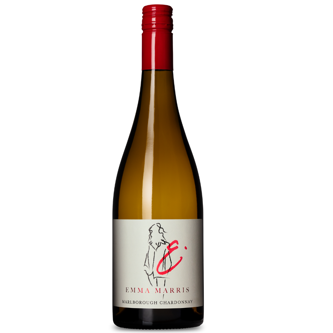 A classic-shaped bottle of Emma Marris Chardonnay 2023 with a red cap, featuring a minimalist label and red script text. The golden hue suggests vibrant citrus notes enriched by French oak aging.