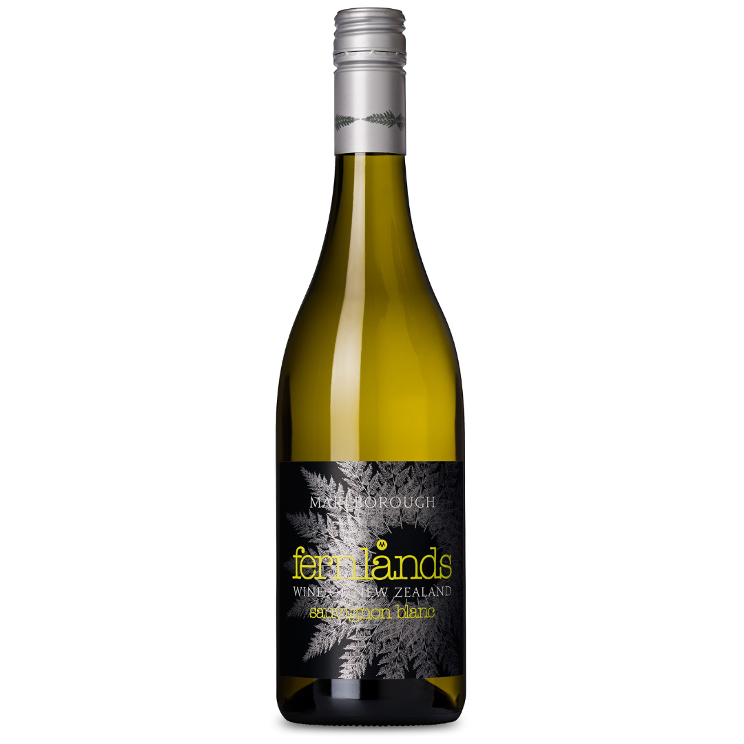 A bottle of FERNLANDS SAUVIGNON BLANC 2024 from the renowned Southern Valley vineyard stands upright. This New Zealand wine, under the Fernlands brand, boasts a black label with silver ferns and yellow text, while its green bottle is topped with a silver cap adorned with a fern pattern.