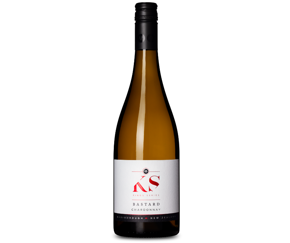 Image of a wine bottle with a black screw cap. The label reads THE KINGS BASTARD CHARDONNAY 2022 under The King Series brand, featuring a striking red and black design. Perfect for pairing with seafood, the bottom of the label reveals its Marlborough, New Zealand origins.