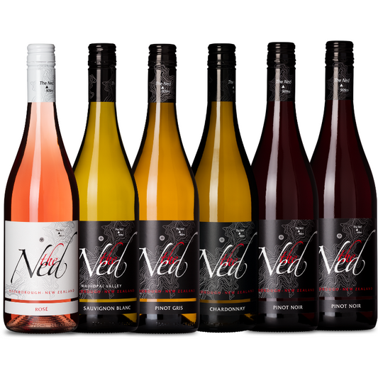 The Ned Mixed Case offers six vertically aligned bottles, ideal for wine lovers. It includes Rosé, Sauvignon Blanc, Pinot Gris, Chardonnay, and two Pinot Noirs. Each has a black label with red and white text, showcasing the famed Marlborough wines from The Ned.