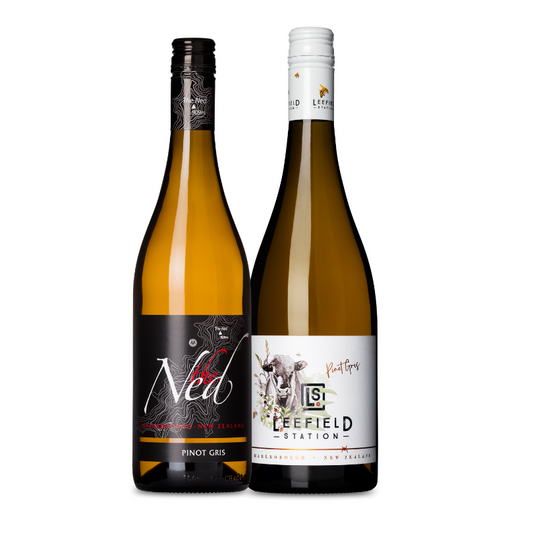 Two elegant wine bottles stand side by side from the Marisco Family Vineyards collection. On the left is The Ned Pinot Gris, while on the right, Leefield Station Pinot Gris awaits. Both hailing from New Zealand under the exclusive MARISCO'S DUO PINOT GRIS BOX, these selections promise a delightful taste of their renowned vineyards.