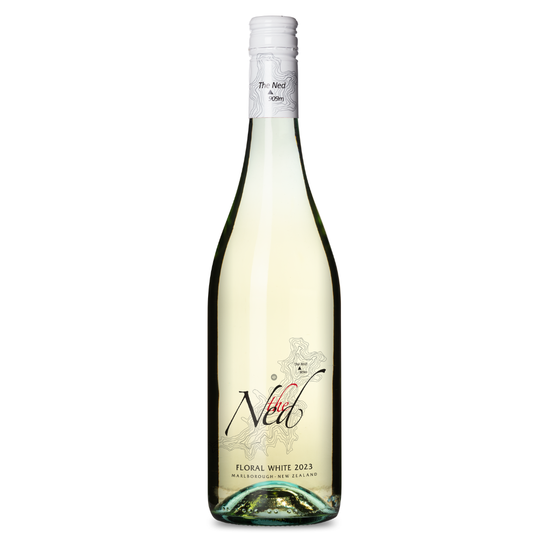A limited edition THE NED FLORAL WHITE 2023 wine from Marlborough, New Zealand, featuring a clear bottle with a white screw cap and an elegantly designed label.
