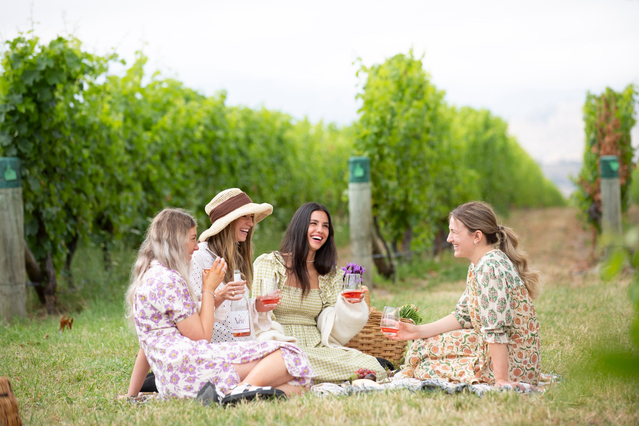 Four women enjoying a picnic in a vineyard, sitting on a blanket, laughing and holding drinks. They are surrounded by lush green grapevines, and the atmosphere is sunny and cheerful.