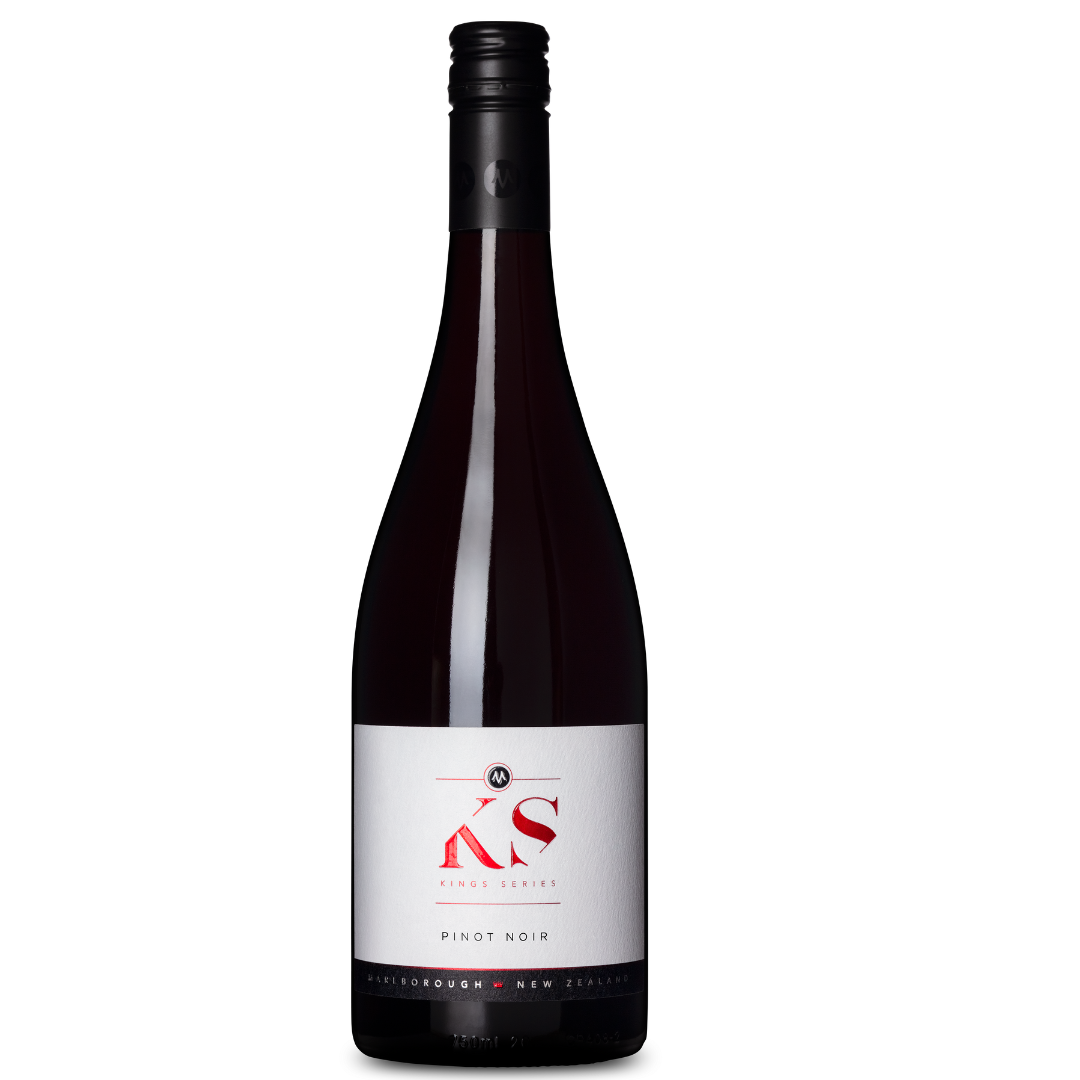 Introducing THE KINGS SERIES PINOT NOIR 2022 by The King Series, featuring a black screw cap. Its label, with striking red and black text on white, emphasizes its prestigious origin from New Zealands renowned Marlborough region.