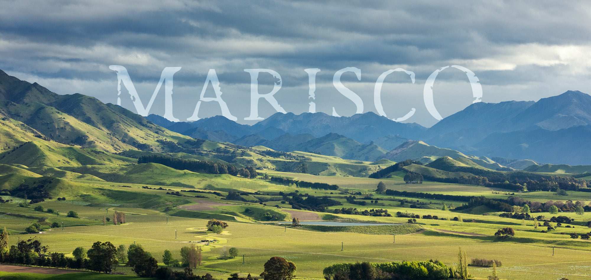 A scenic view of rolling green hills under a cloudy sky, with the word MARISCO in large transparent letters overlaying the landscape. The image captures the tranquility and expansiveness of the countryside.