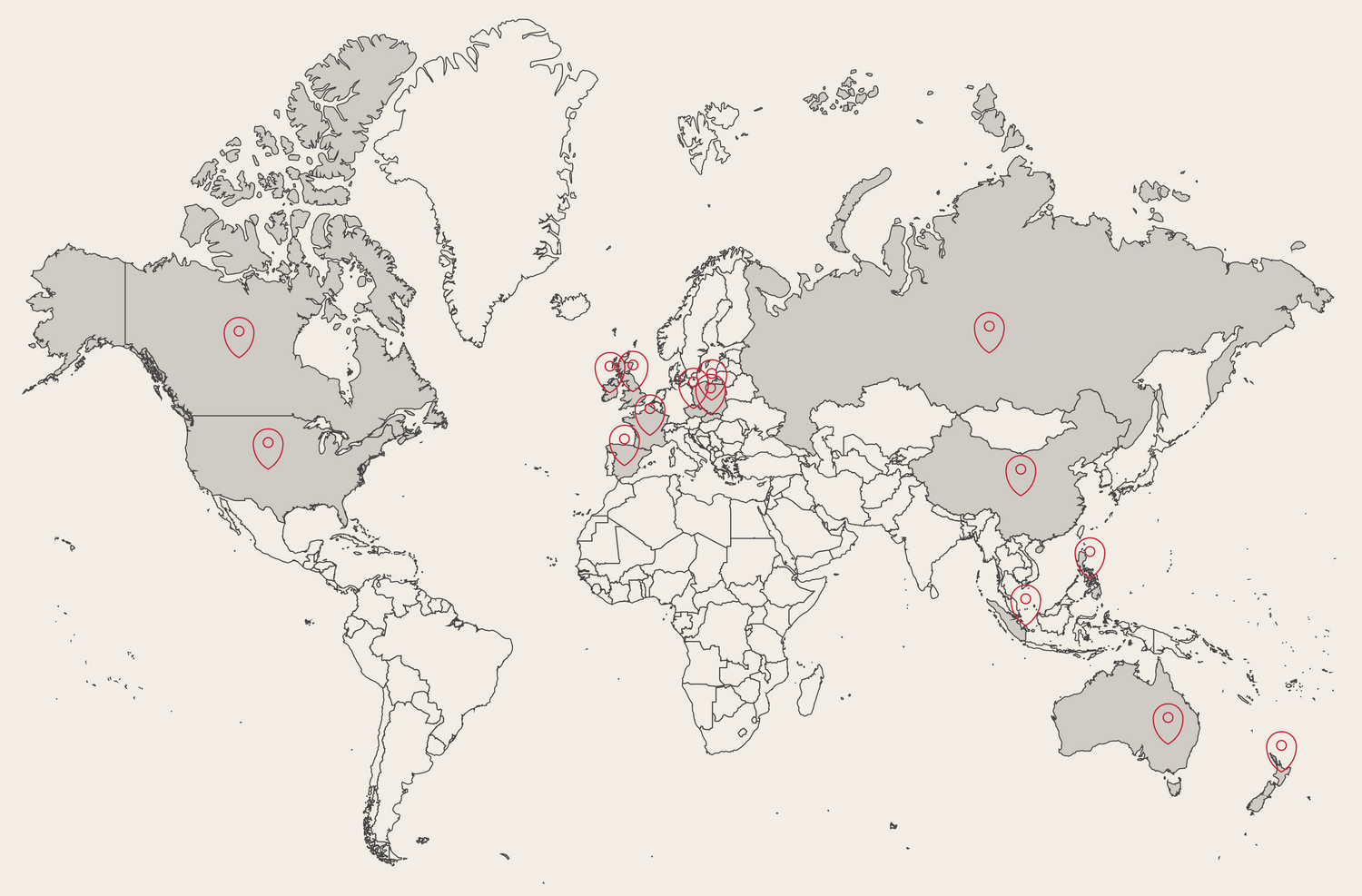 A world map with various red pin markers highlighting specific locations in North America, Europe, Asia, and Australia. The map is in grayscale with emphasis on marked points.
