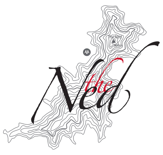 Stylized map of New England with the New written across in cursive black and red lettering.