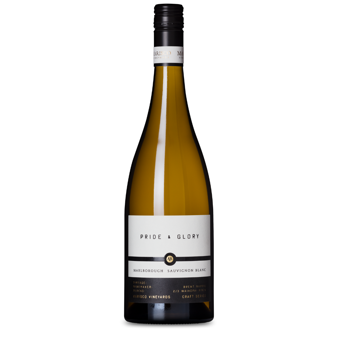 A tall, slender bottle of The Craft Series Pride & Glory Sauvignon Blanc 2016, sealed with a black screw cap. The label features the brand name and wine details on a white background. Its clear body reveals the vibrant wine within, noted for its juicy acidity.