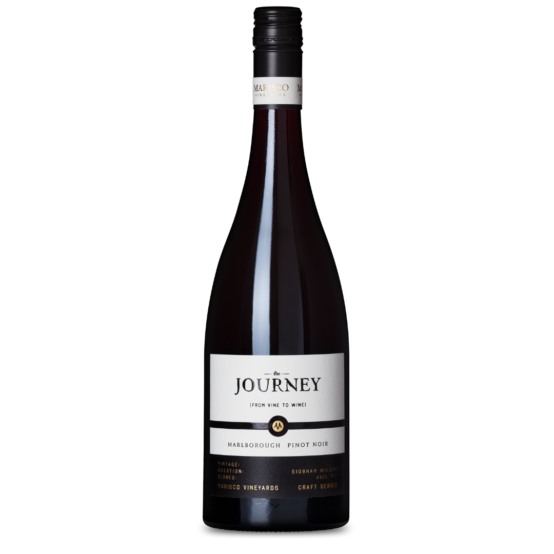 A bottle of THE JOURNEY PINOT NOIR 2016 by The Craft Series, featuring a black screw cap. Its white label with black and gold text displays the vineyard name and wine type, and notes of red cherry enhance this elegant bottle set against a plain white background.