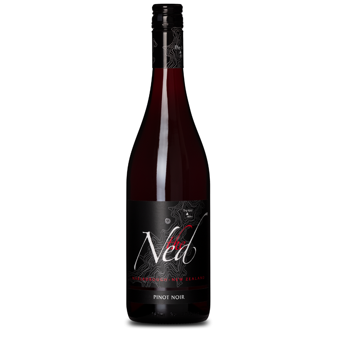 A bottle of THE NED PINOT NOIR 2022 wine from New Zealand features a dark label with elegant white and red text and a screw cap. This deep red delight reveals ripe berries and subtle French oak hints, visible through the glass.