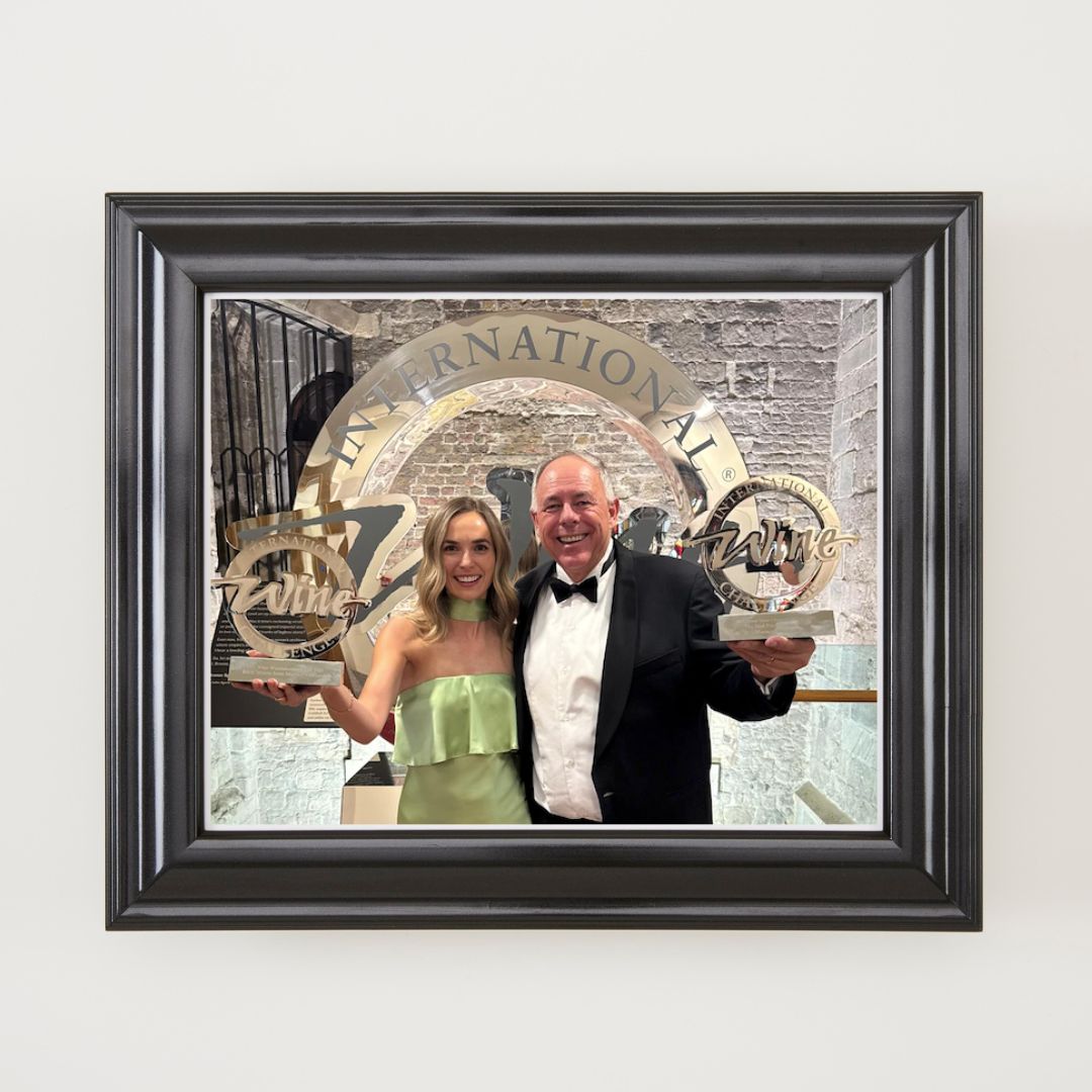 Framed photo of Brent Marris & daughter Emma Marris with their trophies at the International Wine Challenge 2025 in London