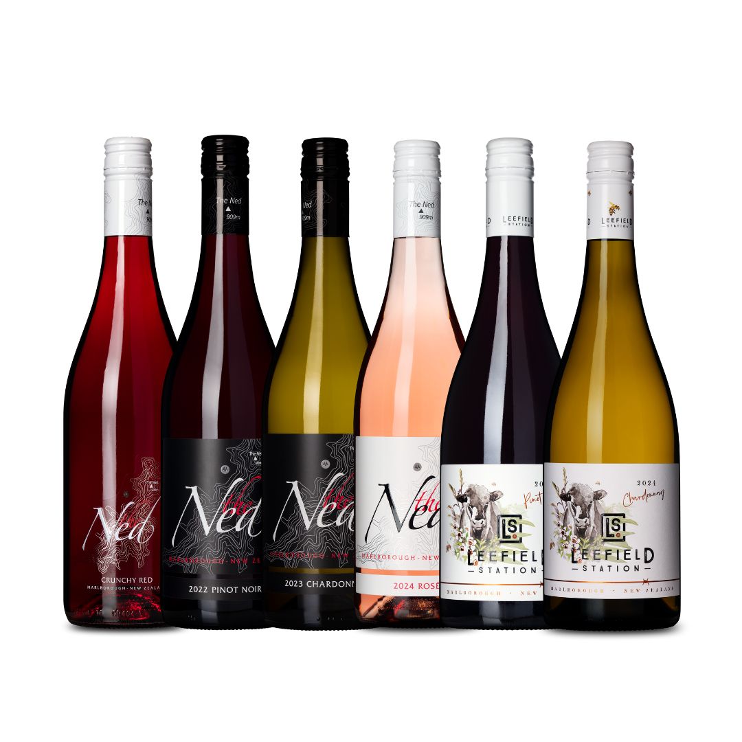 6-bottle mixed case, BBQ favourite wines featuring The Ned & Leefield Station wines from Marisco Vineyards, Marlborough, NZ.