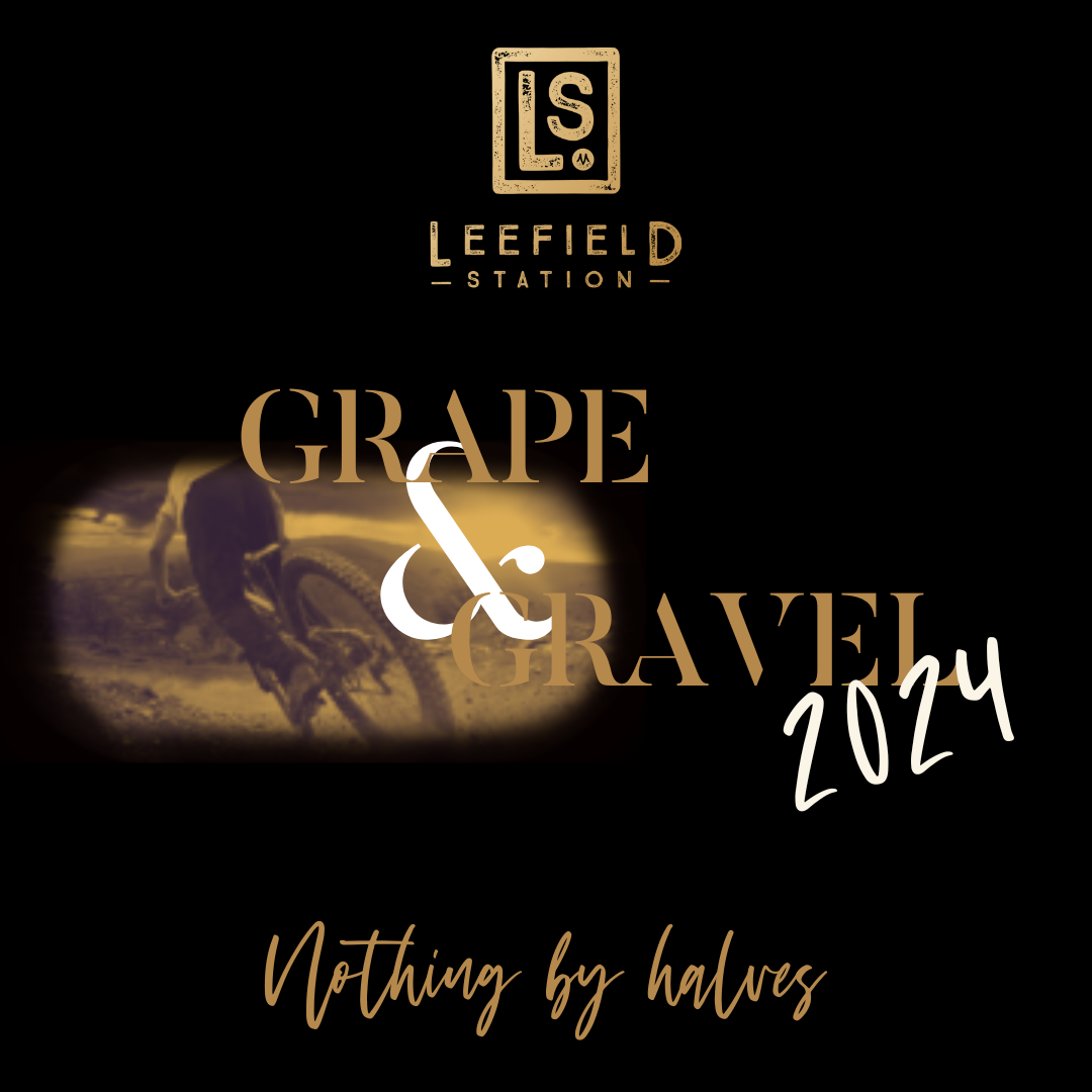 Leefield Station Grapes & Gravel: A Great Bike Race 2024 logo with mountain biker and 'Nothing by halves' tag line