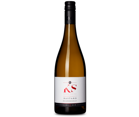 A bottle of THE KINGS BASTARD Chardonnay 2022 from Marisco Family Vineyards features a black screw cap, white label with red and black text, KS symbol, and mentions Marlborough, New Zealand. Ideal for pairing with its stone fruit notes. The bottle is set against a white background.