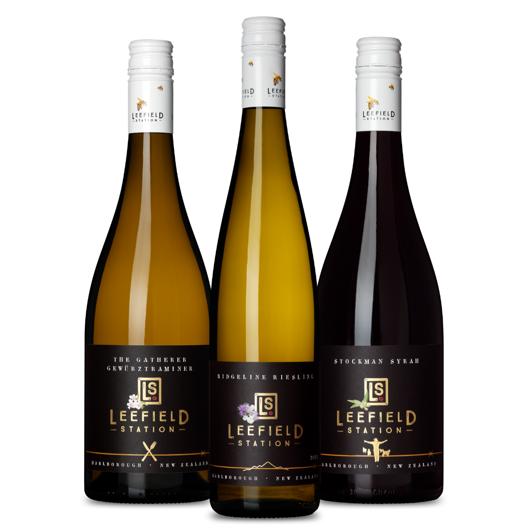 Leefield Station Ridgeline Riesling, Leefiled Station Stockman Syrah, Leefield Station The Gatherer Gewürztraminer. 750ml. Wine of Marlborough, New Zealand, Marisco Vineyards.