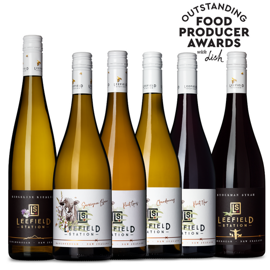 Leefield Station Chardonnay, Leefield Station Pinto Gris, Leefield Station PInot Noir, Leefield Station Stockman Syrah, Leefield Station Ridgeline Riesling, Leefield Station Sauvignon Blanc. 750ml. Wine from Marisco Vineyards, Marlborough, New Zealand.