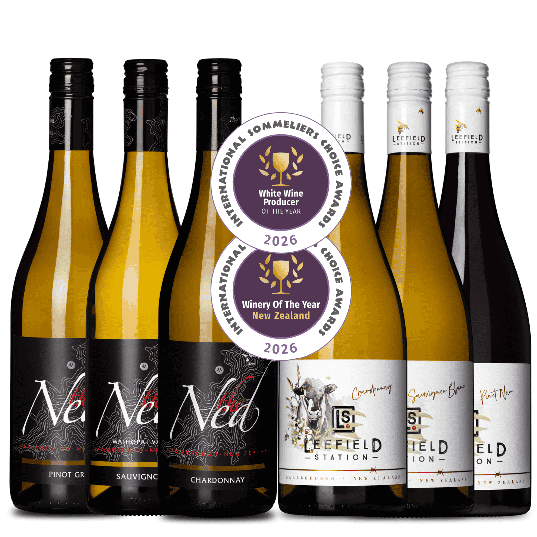 3 bottles of The Ned Wine and 3 bottles of Leefield Station wine lined up and displaying International Sommeliers Choice Awards; white wine producer of the year and NZ winery of the year 2026