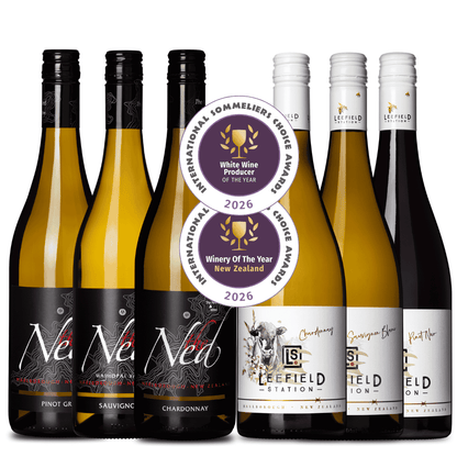 3 bottles of The Ned Wine and 3 bottles of Leefield Station wine lined up and displaying International Sommeliers Choice Awards; white wine producer of the year and NZ winery of the year 2026