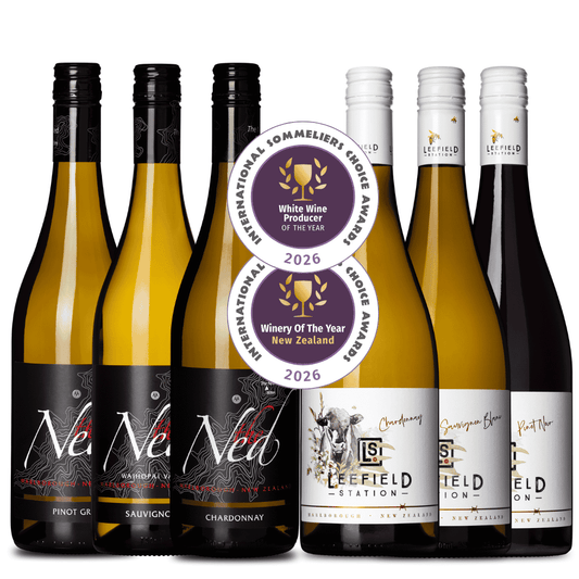 3 bottles of The Ned Wine and 3 bottles of Leefield Station wine lined up and displaying International Sommeliers Choice Awards; white wine producer of the year and NZ winery of the year 2026
