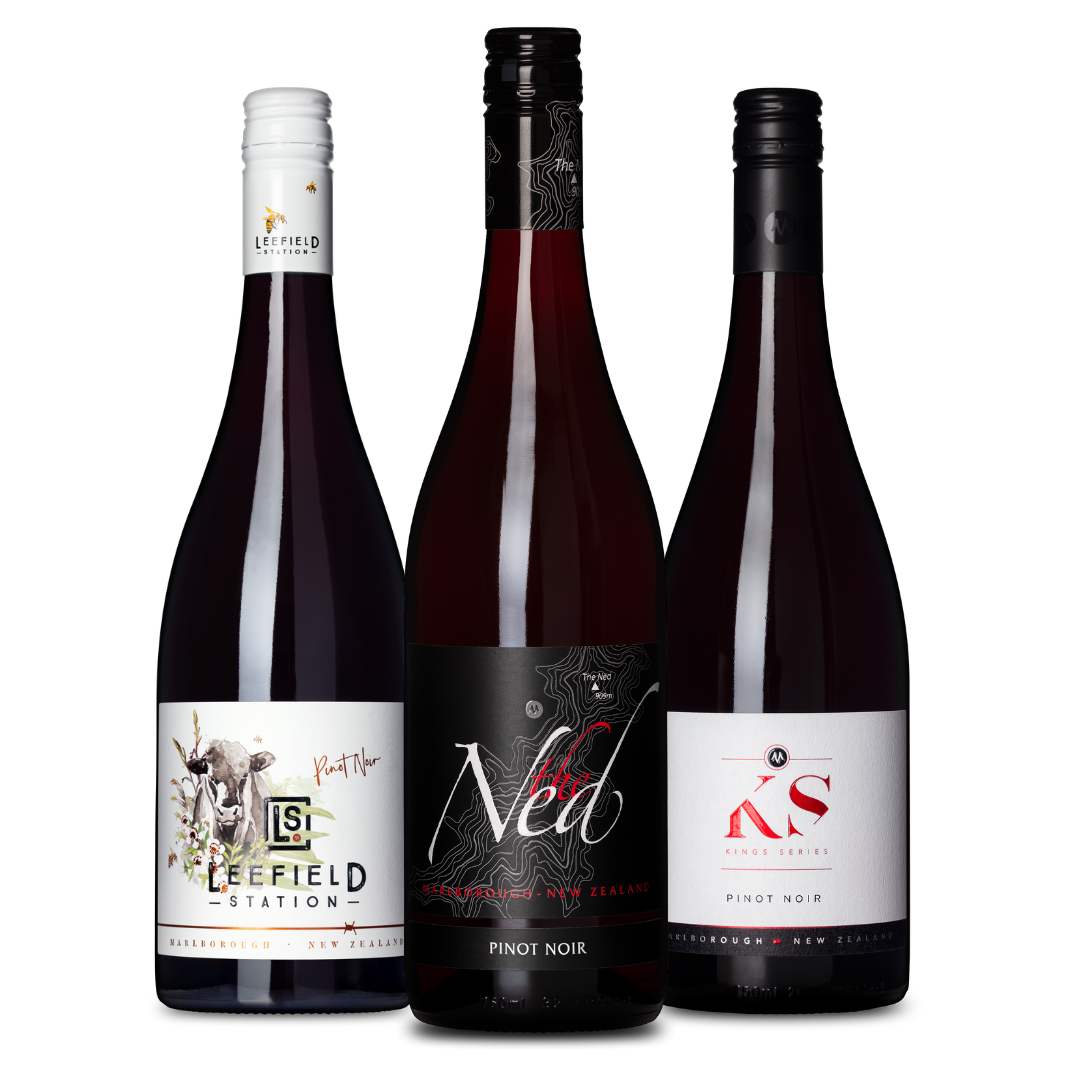 Three red wine bottles from Marisco Vineyards, Marlbourough, NZ - arranged side by side on a white background, including Leefield Station Pinot Noir, The Ned Pinot Noir, and Kings Series Pinot Noir (from left to right).