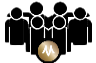 Silhouette of five people with their arms around each other in a friendly pose. In front of them is a circular gold icon with a stylized M in the center. The image conveys a sense of unity and teamwork.