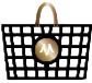 A stylized shopping bag icon with a black grid pattern and a golden circular emblem featuring a white M in the center. The handles are brown, resembling a traditional shopping basket.