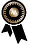 A gold and black award ribbon featuring a sunburst design with a stylized M in the center.